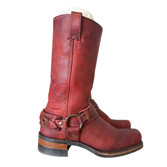 Frye Vintage Red Leather Square Toe Harness Boots 8 - Picture 10 of 12